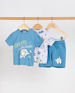 Babies and More 3 Peace Set Solid Placement Print Graphic and Elephant All Over Print Top and Solid Bottom Blue