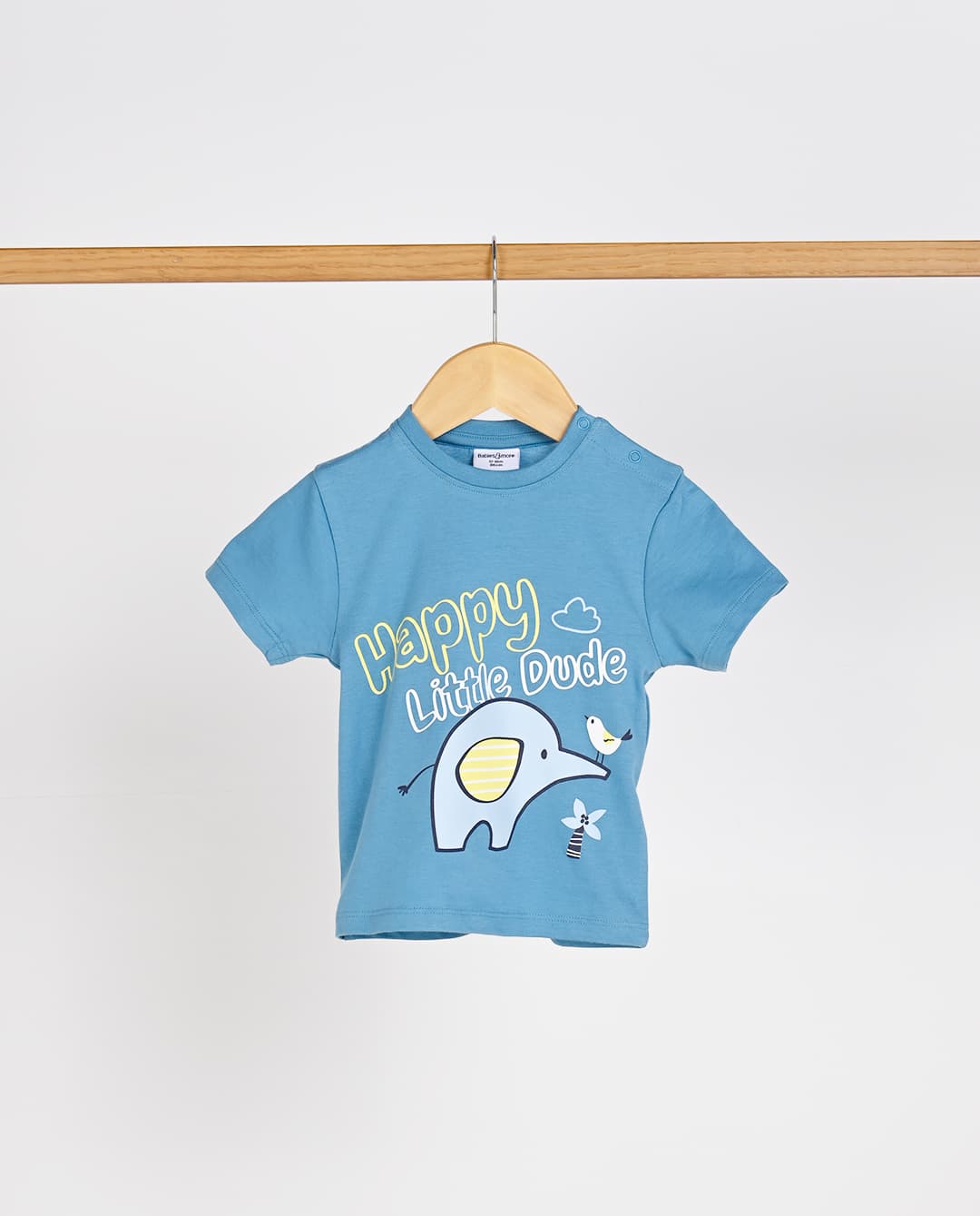Babies and More 3 Peace Set Solid Placement Print Graphic and Elephant All Over Print Top and Solid Bottom Blue