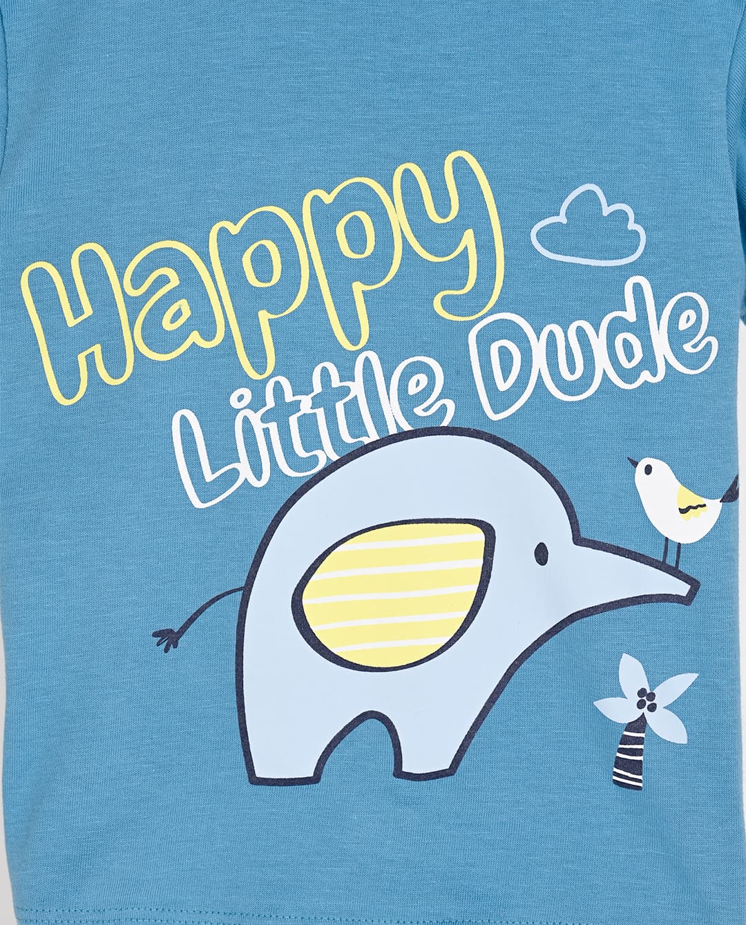 Babies and More 3 Peace Set Solid Placement Print Graphic and Elephant All Over Print Top and Solid Bottom Blue