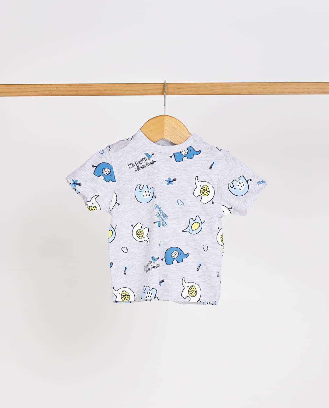 Babies and More 3 Peace Set Solid Placement Print Graphic and Elephant All Over Print Top and Solid Bottom Blue