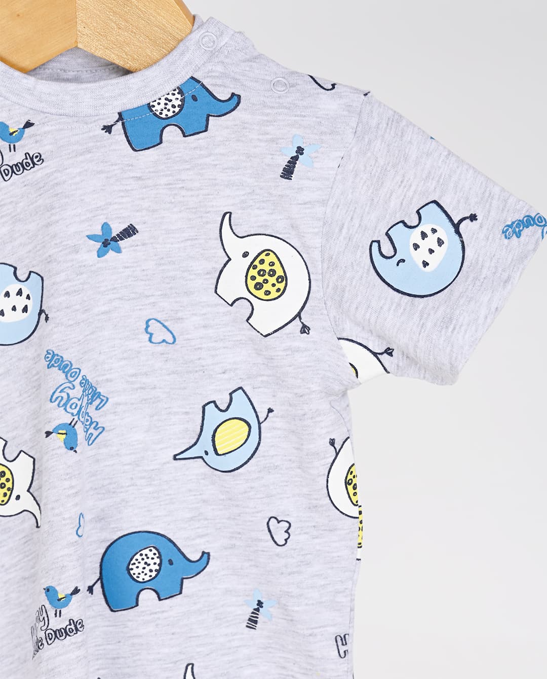 Babies and More 3 Peace Set Solid Placement Print Graphic and Elephant All Over Print Top and Solid Bottom Blue