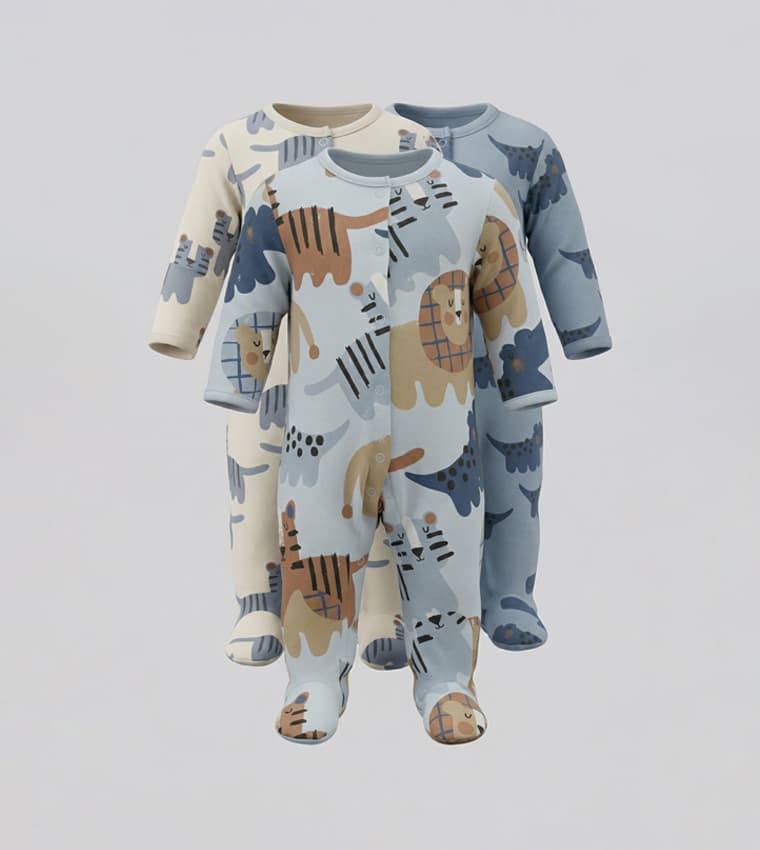 Pack Of 3 Printed Footed Sleepsuits