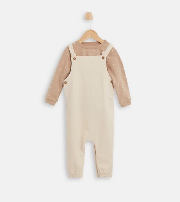 Babies and More Long Sleeves Dungaree Set - Cream, Beige