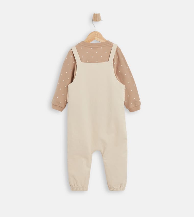Babies and More Long Sleeves Dungaree Set - Cream, Beige