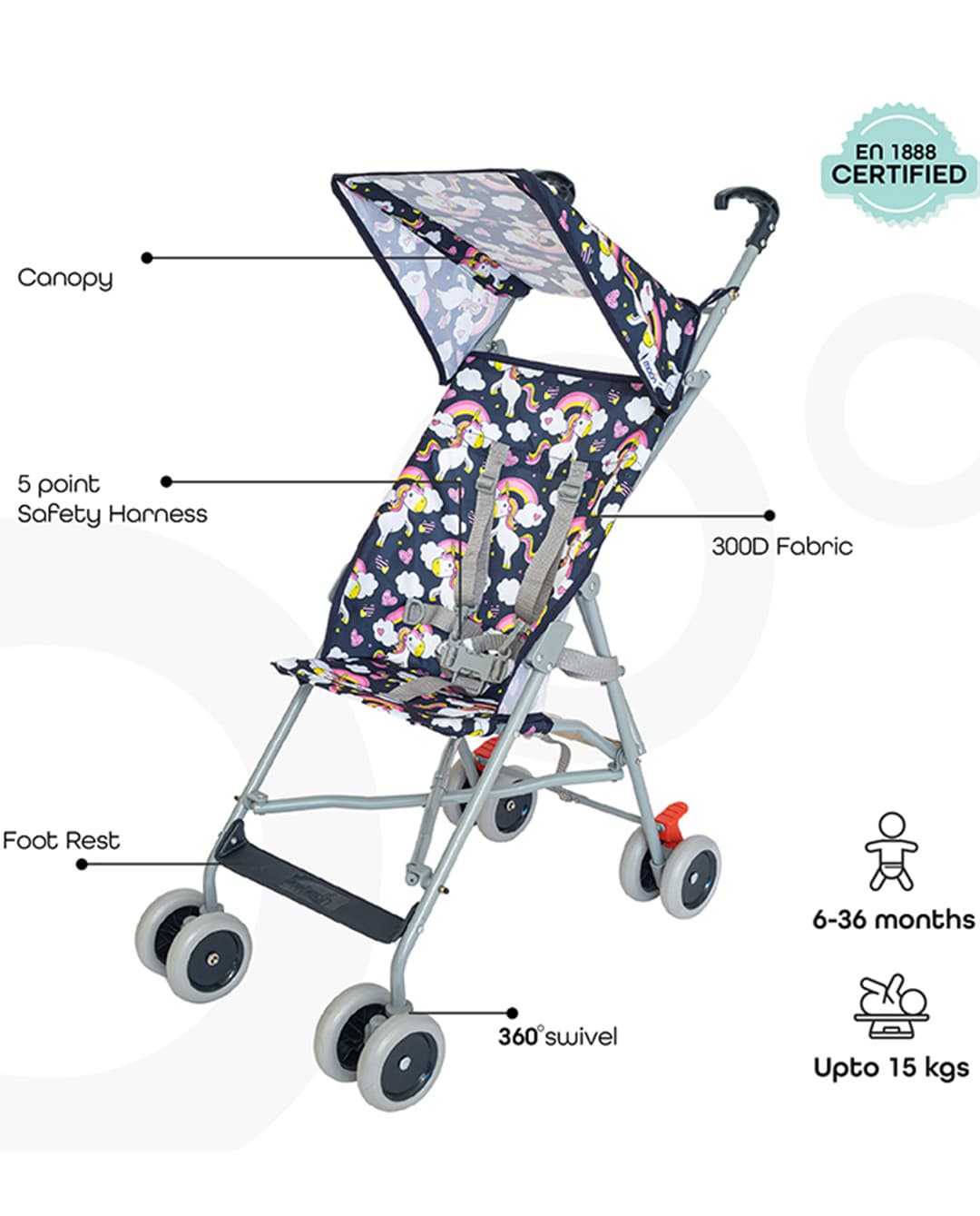 Moon Jet Light Weight Travel Buggy/Stroller For Baby/Kids/Toddler With Extra Wide Canopy |Umbrella Fold |Easy Assemble Shoulder Strap From 6 Months To 3 Years- Printed Leaf - Multicolor