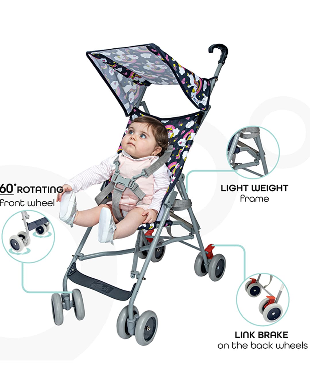Moon Jet Light Weight Travel Buggy/Stroller For Baby/Kids/Toddler With Extra Wide Canopy |Umbrella Fold |Easy Assemble Shoulder Strap From 6 Months To 3 Years- Printed Leaf - Multicolor