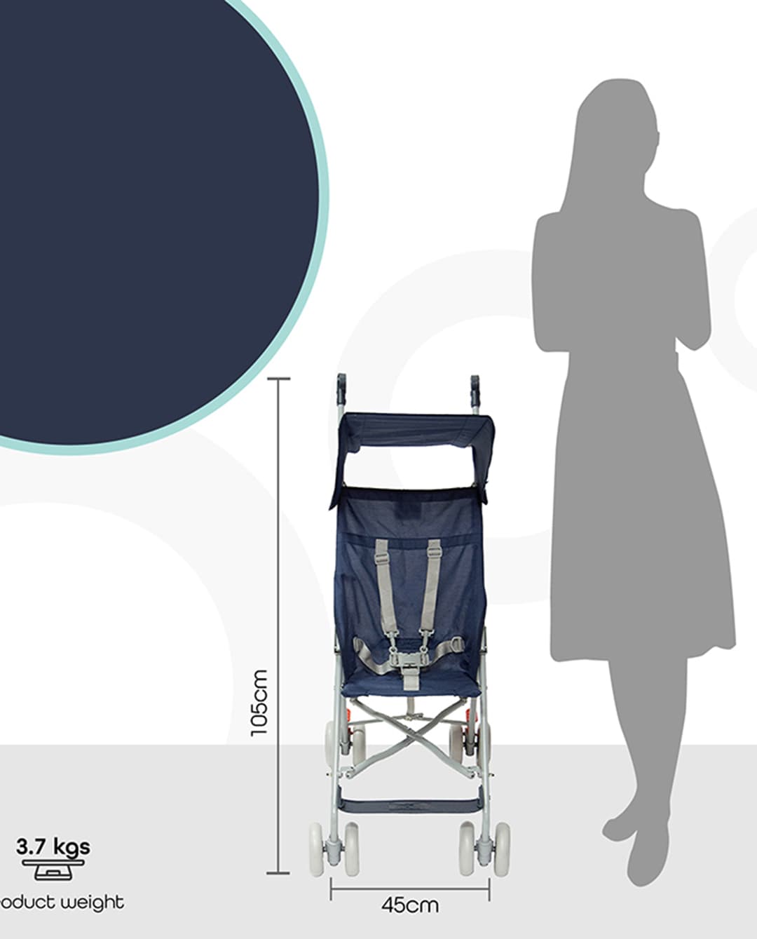 Moon Jet Light Weight Travel Buggy/Stroller For Baby/Kids/Toddler With Extra Wide Canopy |Umbrella Fold |Easy Assemble Shoulder Strap From 6 Months To 3 Years- Dark Blue - Multicolor