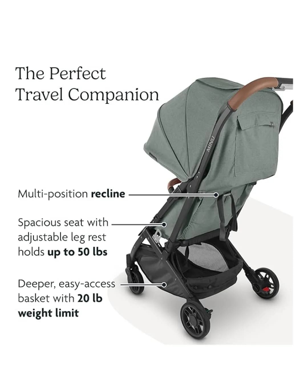 Babies & more UPPAbaby Minu V2 Stroller - Lightweight Compact Stroller for Travel - Emelia - Sage Green M©lange with Silver Frame and Chestnut Leather - Multicolor